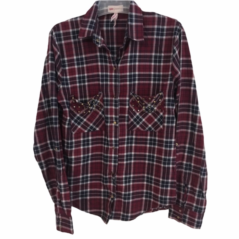POOF Plaid Shacket | Studded Snap Button Flannel Shirt Jacket | Blue Red Size L